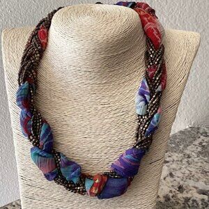 Red and Blue braided scarf necklace with gold beaded strands - 19 inches
